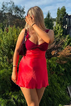 Sexy Satin Color Block Backless Cami Bodycon Mini Silk Dress