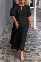 Round Neck Keyhole Puff Sleeve Waisted Midi Dress