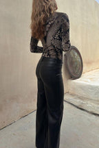 Antarey Velvet Mesh Unique Pattern Long Sleeve Stretch Bodysuit
