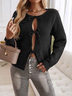 Loose Fit Button-Down Tie-Front Solid Color Sweater
