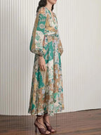 Hand Painted Printed V Neck Waist Midi Dress