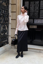 Striped Satin Turtleneck Tie Waist Slim Blouse