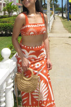 Holiday Print Square Neck Back Bow Top and Casual Maxi Skirt Set