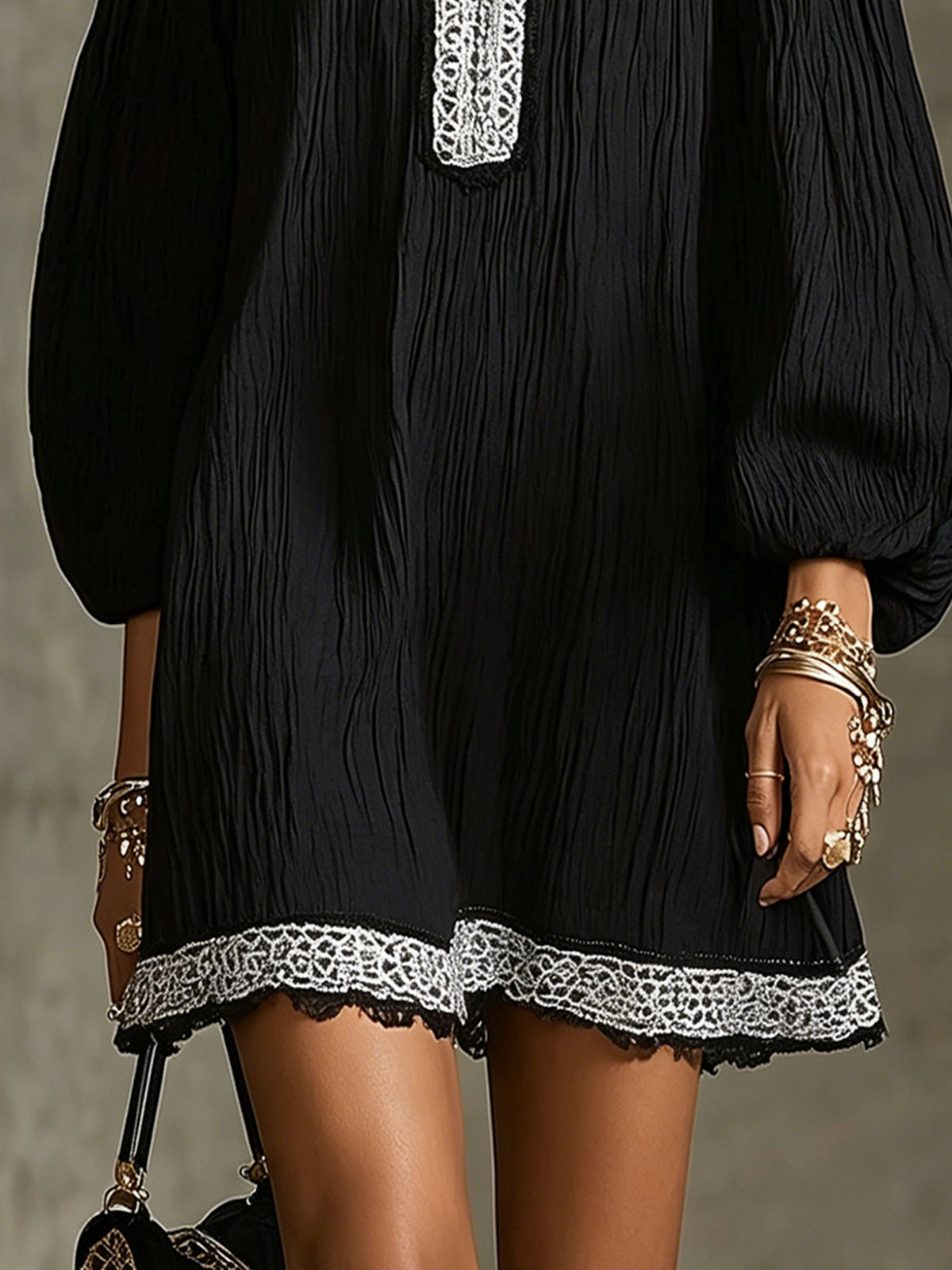 Black Off-Shoulder Mini Dress With Lace Trim And Lantern Sleeves