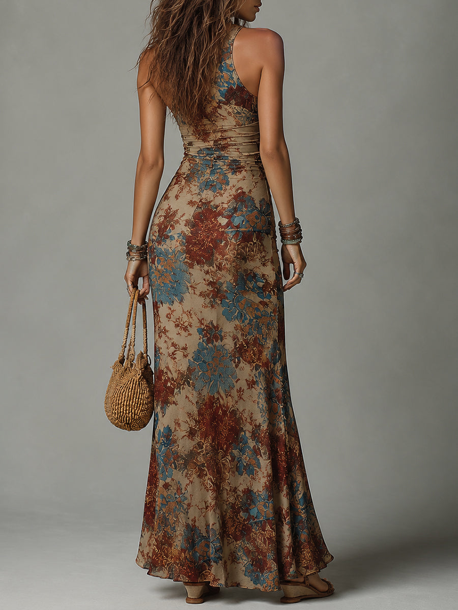 Retro Ethnic Printed Maxi Dress with Deep V-Neck and Slit Hem