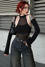 Mesh Cutout Stretch Long Sleeve Sexy Bodysuit