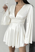 Solid Color V-neck Flared Long Sleeves Slim-fit Elegant Mini Dress