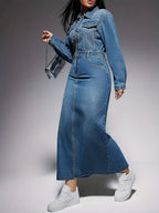 Zola Statement Long Sleeved Denim Maxi Dress Chic Silhouette Collection