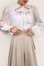 Floral White Sheer Button-Up Tie Neck Blouse