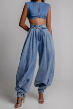 Fashion High Waist Vintage Zipper Cuffed Loose Jeans