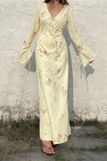 Sweet V Neck Flare Sleeve Wrap Tie Slim Maxi Floral Dress