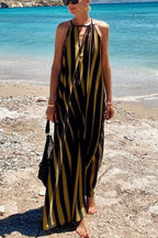 Striped Print V-Neck Loose Beach Vacation Maxi Dress