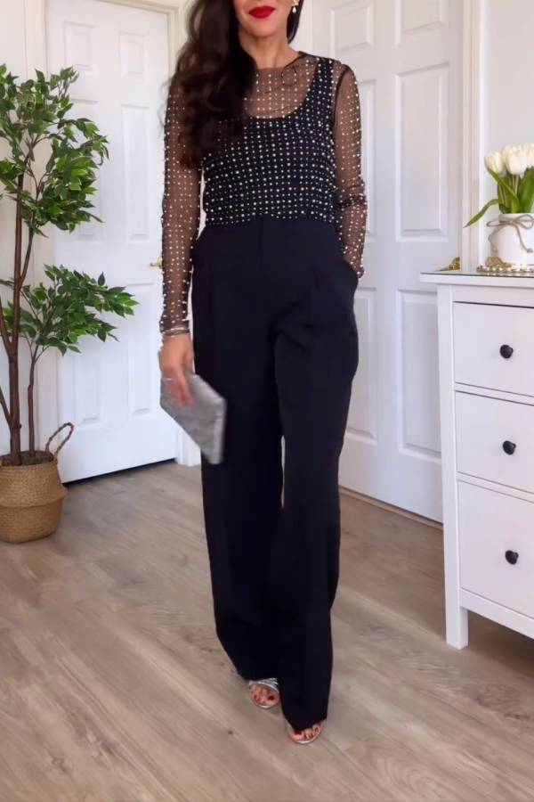 Sheer Long-Sleeved Blouse with Pearl Embellishments