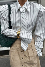 Striped Tie Shoulder Pad Smart Blouse
