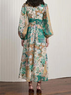 Hand Painted Printed V Neck Waist Midi Dress
