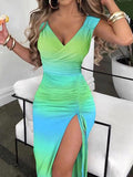 Tie Dye V Neck Drawstring Slit Slim Dress
