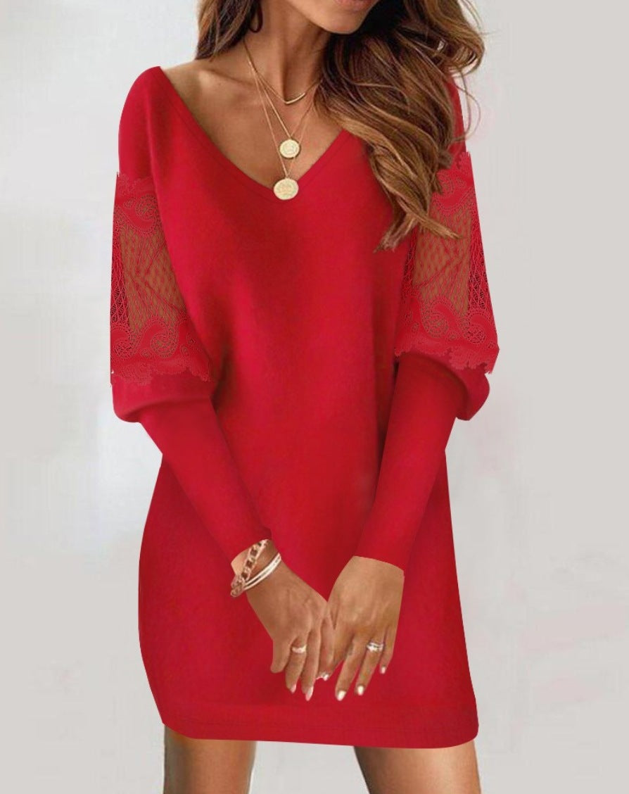 Nelly Premium Patchwork Dress with Long Sleeves and V Neck Statement Occasion Edit