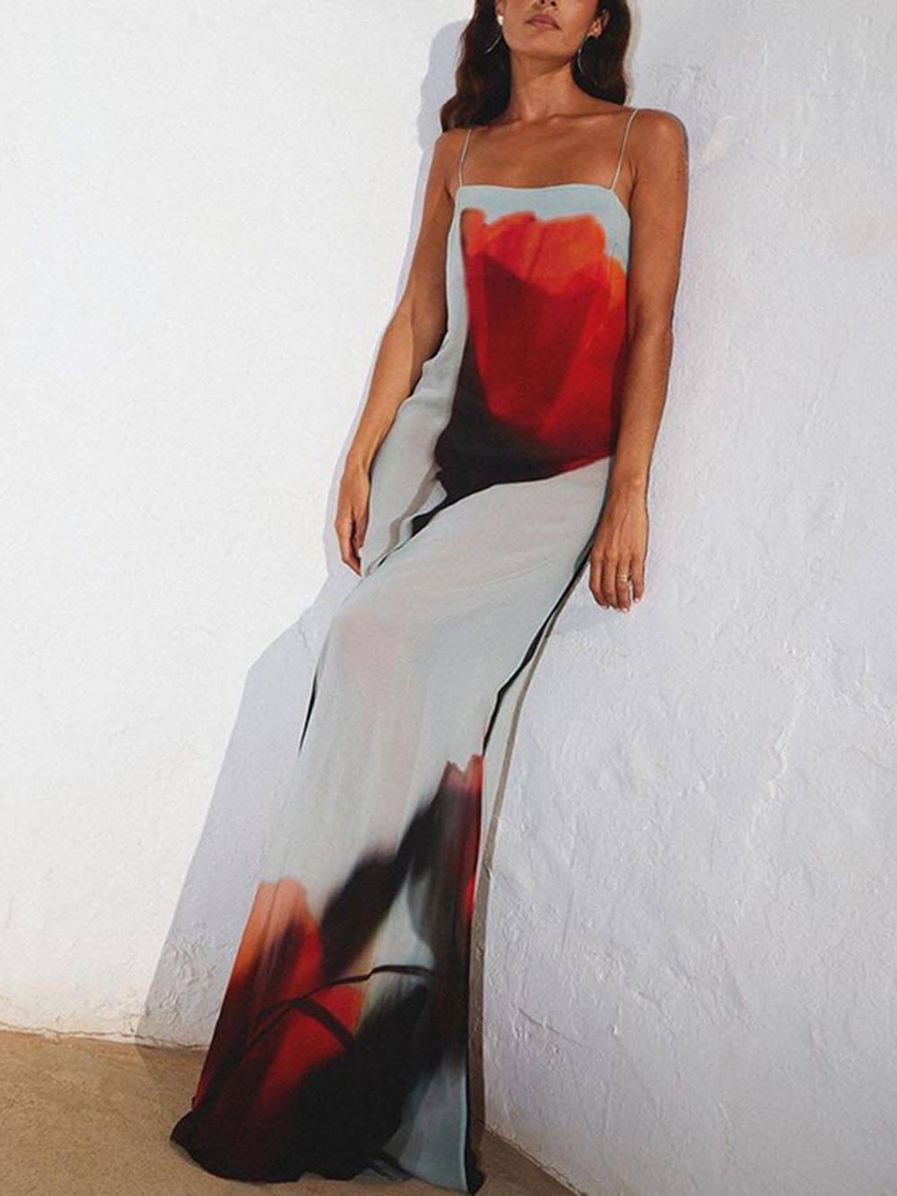 Vacation Abstract Tulip Print Slip H - Line Maxi Dress