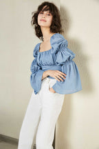 Cathy Blue Wide Cropped Blouse
