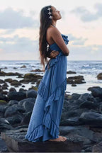 Solid Color V Neck Backless Strappy Sexy Boho Dress