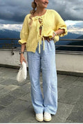 Lace Up Bow Flared Sleeve O-Neck Cardigan Sweater