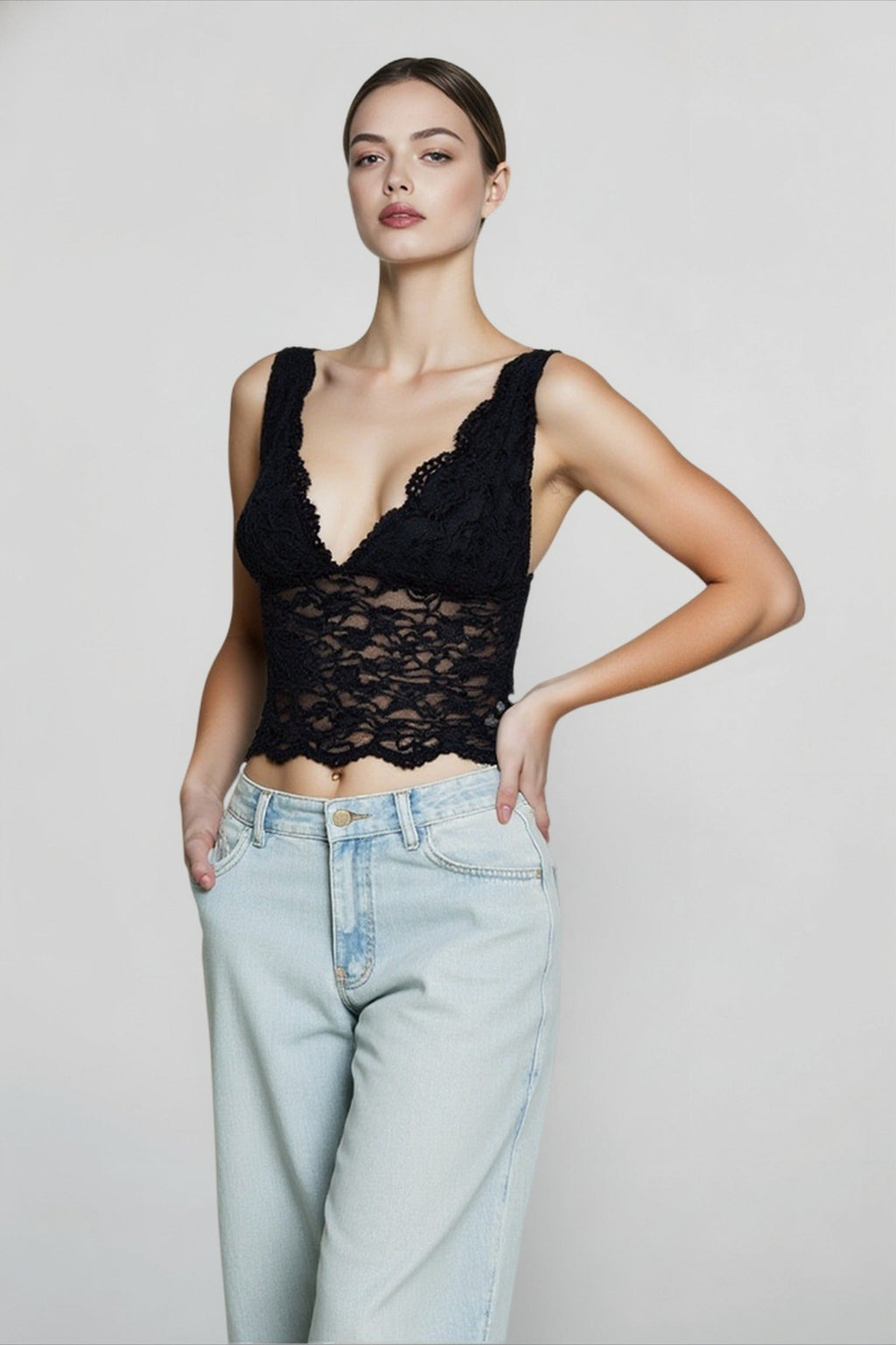 Deep v lace waist cami top