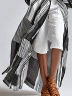 Striped Long Shirt Dress & White Mid-Length Shorts Set (With Belt)