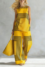 Geometric Print Loose-fitting Round Neck Sleeveless Top and Elastic Waist Casual Pocket Wide-leg Pants Set