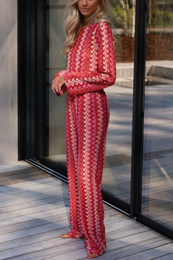 Tamia Knit Colorful Wave Unique Print Crop Top and Stretch Wide Leg Pants Set