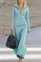 Solid Color Long-sleeved Lapel Zipper Casual Maxi Dress