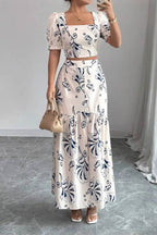 Square Neck Puff Sleeve Printed Crop Top & Ruffle Hem Slit Maxi Skirt Two-Piece Set