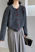 Oversized Heart Button Round Neck Cardigan
