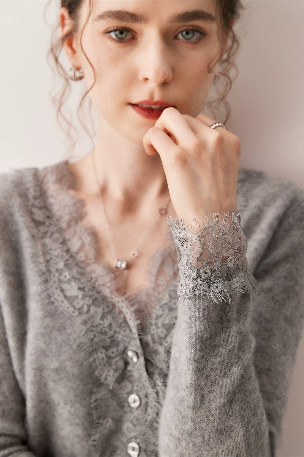 Lace Trim V Neck Cashmere Cardigan