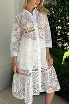 Solid Color Hollow Lace Lapel Button Long Shirt