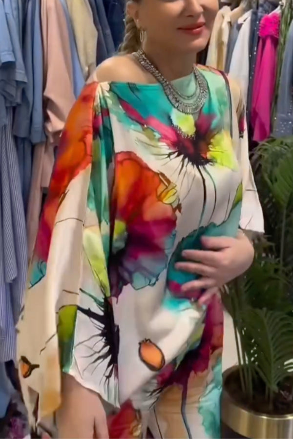 Ink Wash Floral Print Batwing Sleeve Wide Leg Pants Set