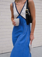 Splicing Chic V - neck Contrasting Color Dress