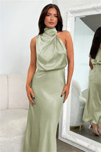 Vanessa Effortless Long Satin Dress with American Neckline Designer Edit