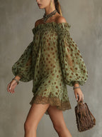 Green Polka Dot Off-Shoulder Chiffon Mini Dress with Lace Hem