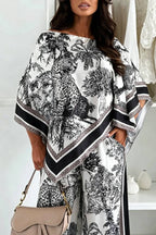 Jungle Themed Satin Unique Print Cape Top and Elastic Waist Pocket Wide Leg Pants Set
