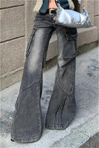 Black Pocket Design Low Waist Workwear Jeans