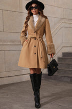 Fur Collar Belted Midi Trench Coat