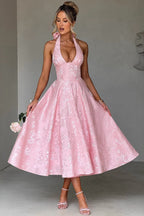 Jacquard Halter V-Neck Party Dress