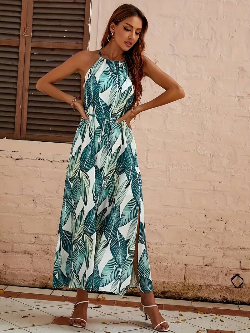 Jocelyn Boutique Halterneck Beach Dress with Leaf Pattern Premium Wardrobe Essential