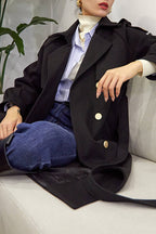 Black Double-Breasted Belted Lapel Collar Longline Coat
