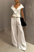 Velena Linen Blend Button Up Lapel Top and High Rise Pocket Wide Leg Pants Set