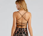 Lady Of The Hour Sequin Scroll Lace Back Dress