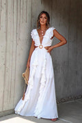 V Neck Ruffle Slit Flowy Maxi Boho Dress