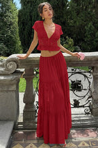 Sexy Sheer Lace Chiffon Tie Top Maxi Skirt Set