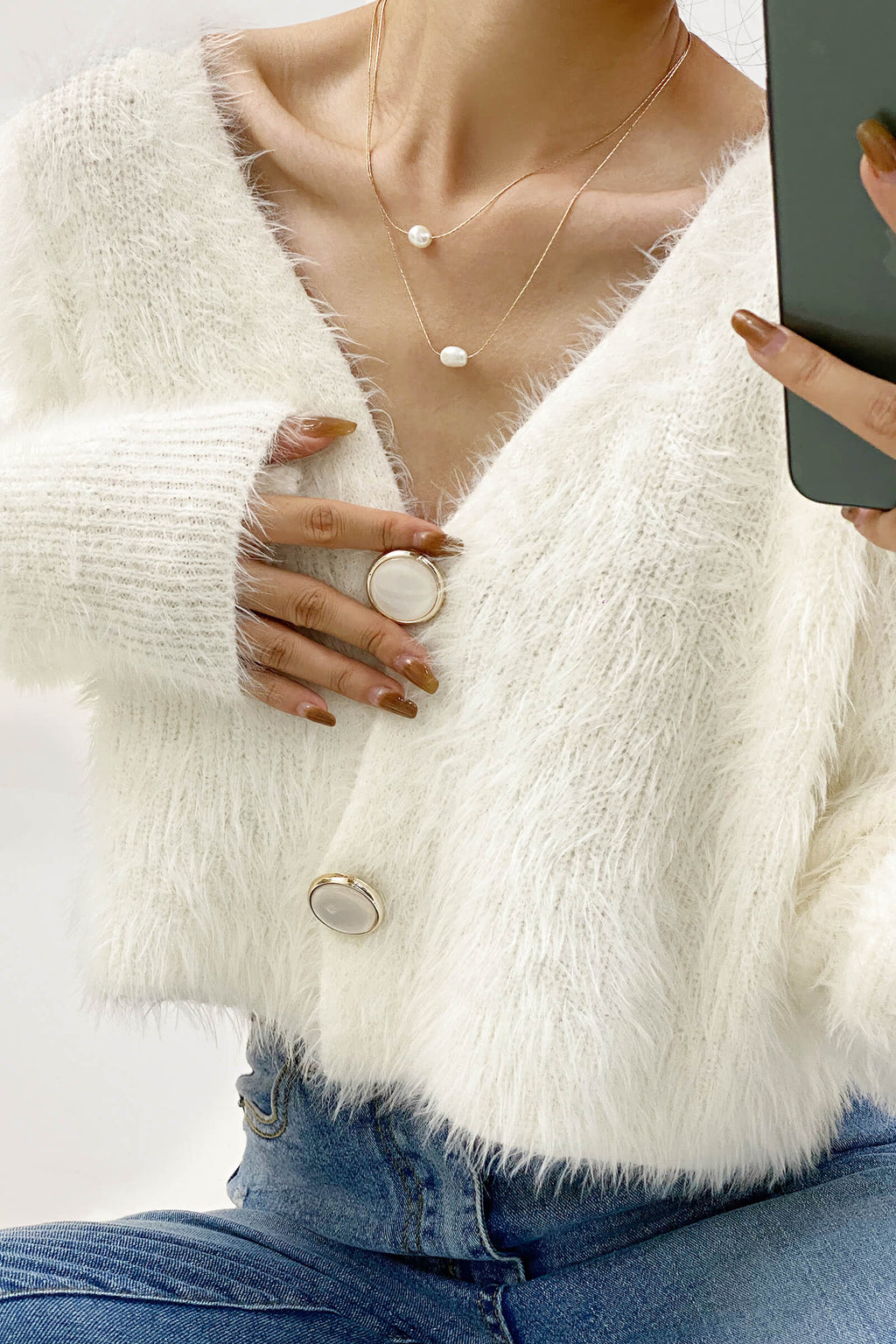 Ivory V-Neck Fuzzy Knit Cropped Cardigan