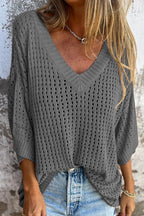 Fashionable Hollow V-neck Long-sleeved Casual Loose Knitted Top